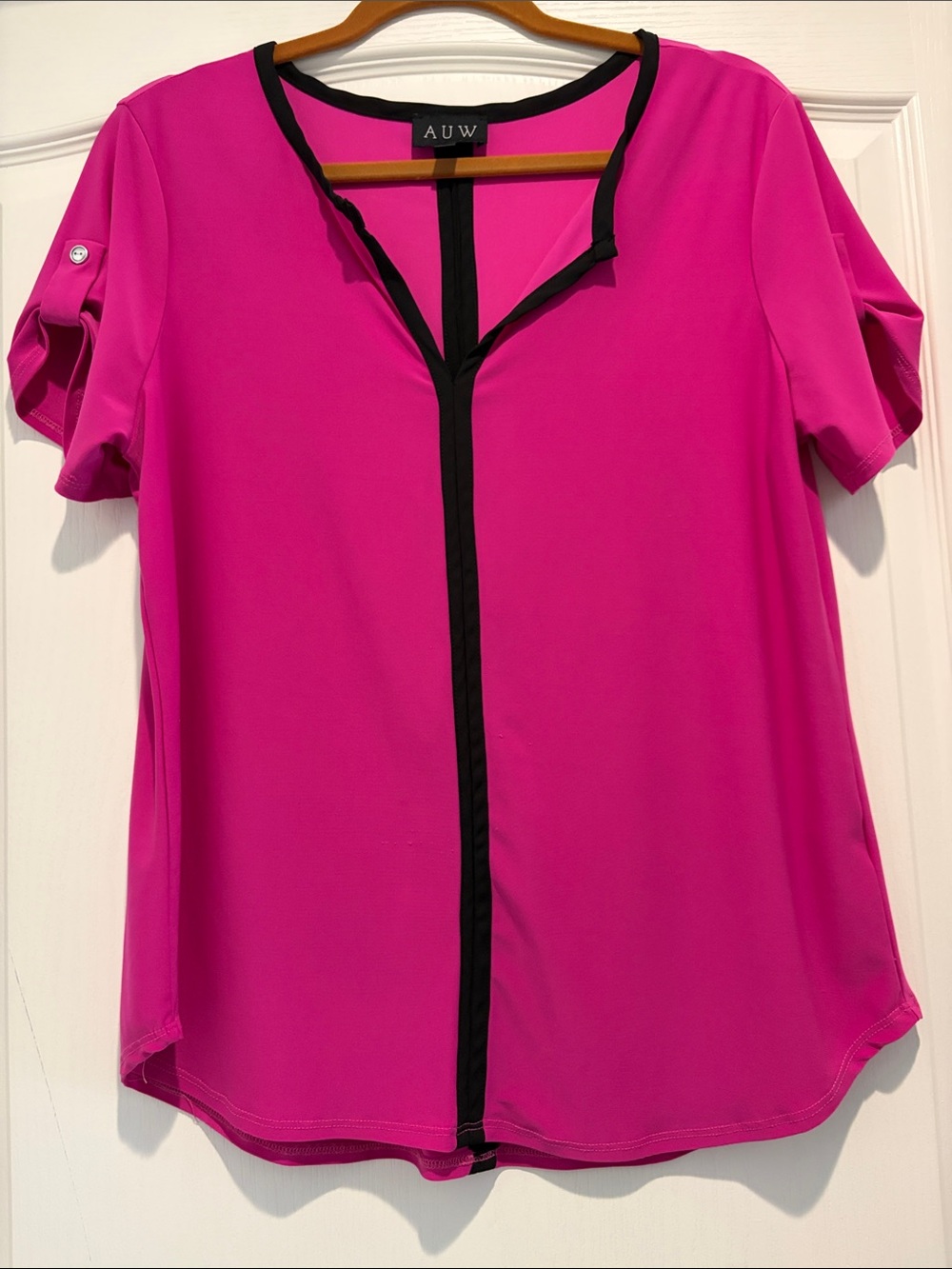 AUW Bright Fuchsia Short Sleeve Blouse with Black Trim